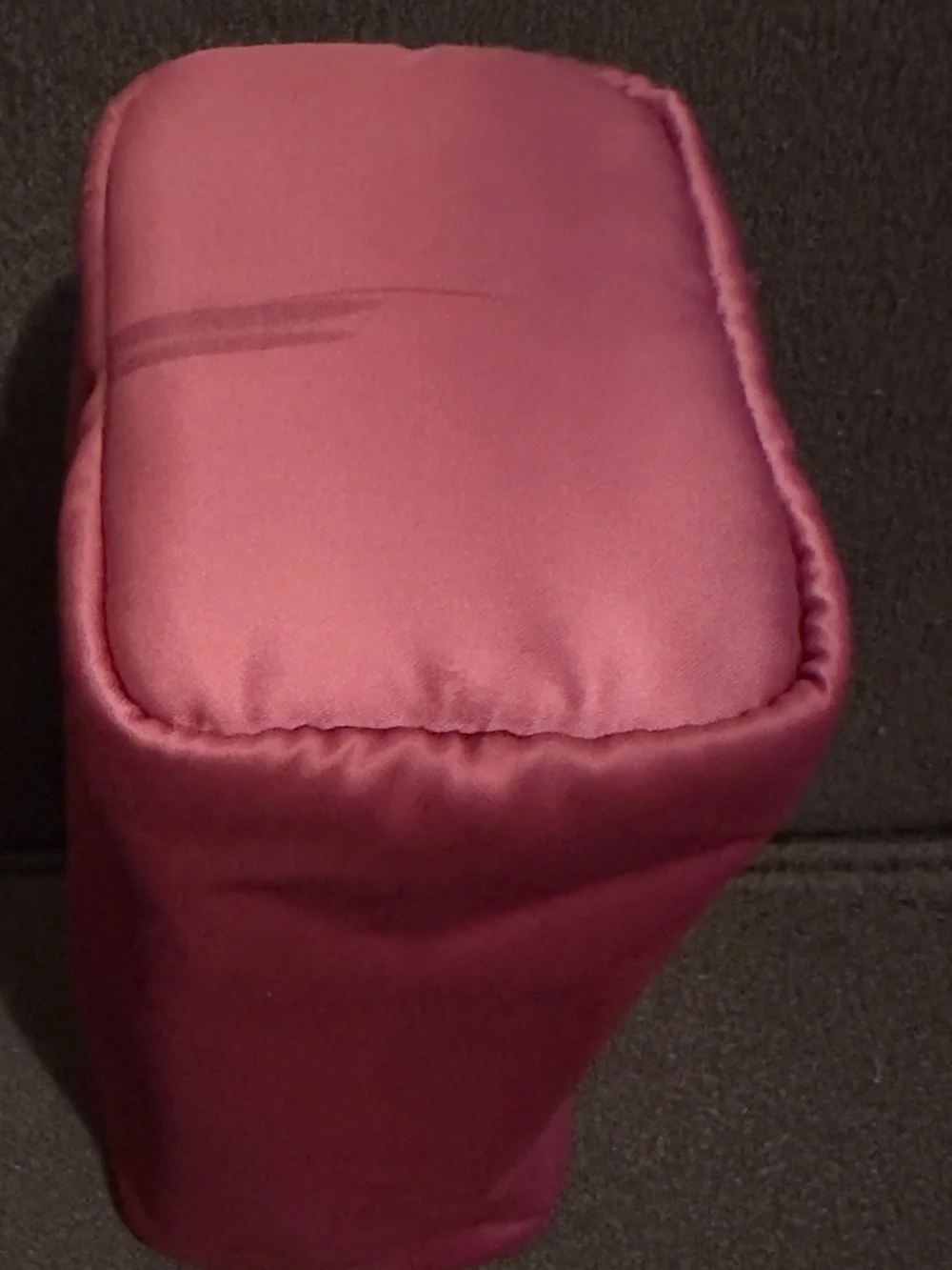 Gucci Pink Satin Beauty Pouch with Gold Logo. 7”W x 6 1/2” H.